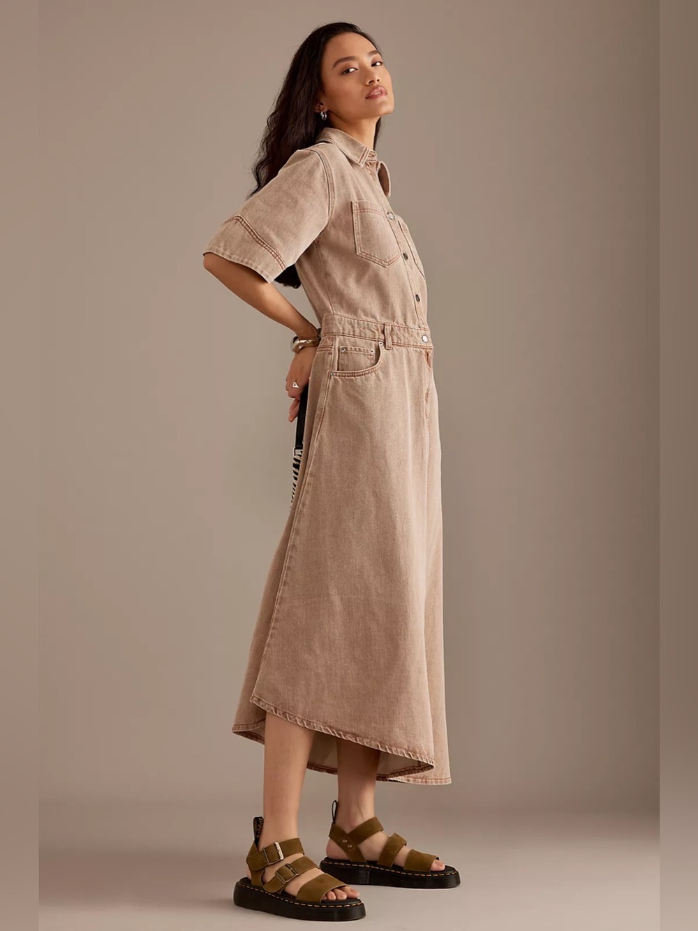 ALIGNE Tan Mateo Asymmetrical Utility Denim Midi Dress Size 12 Large Lagenlook - Picture 13 of 16